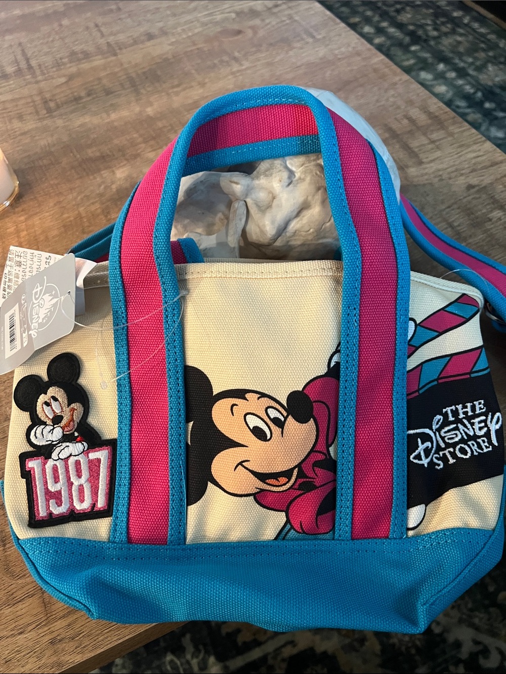Disney Small Tote Bag in Cream, Blue & Pink with Mickey 1987 Patch